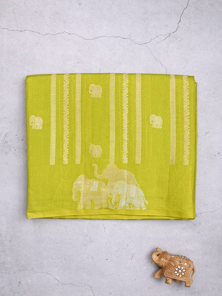 Green mango fancy saree light parrot green color allover zari motifs & zari border with brocade pallu and contrast blouse