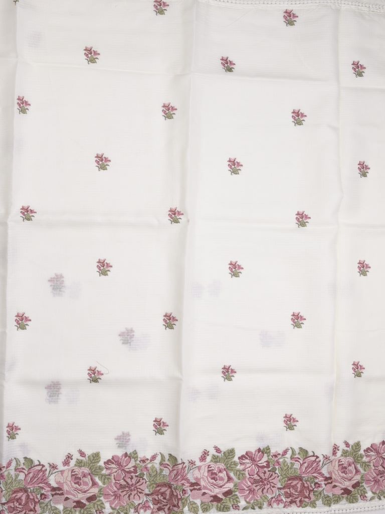 Kota fancy saree white color allover embroidery motifs & fancy embroidery border with running pallu and plain blouse