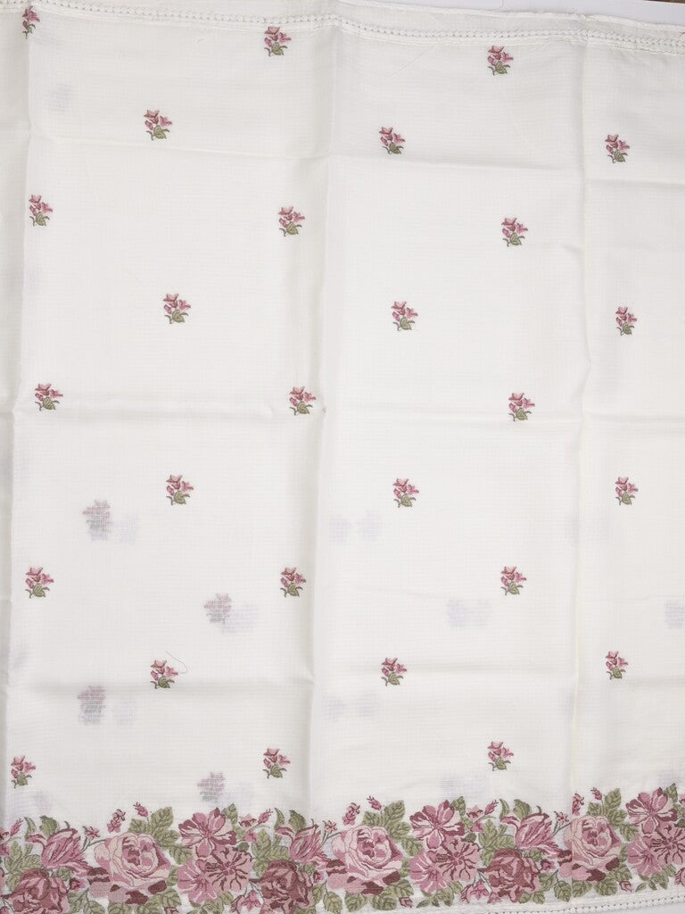 Kota fancy saree white color allover embroidery motifs & fancy embroidery border with running pallu and plain blouse
