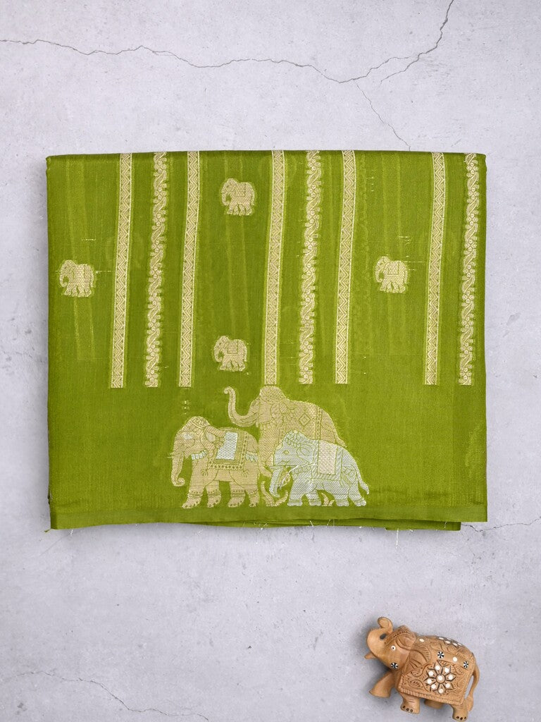 Green mango fancy saree parrot green color allover zari motifs & zari border with brocade pallu and contrast blouse