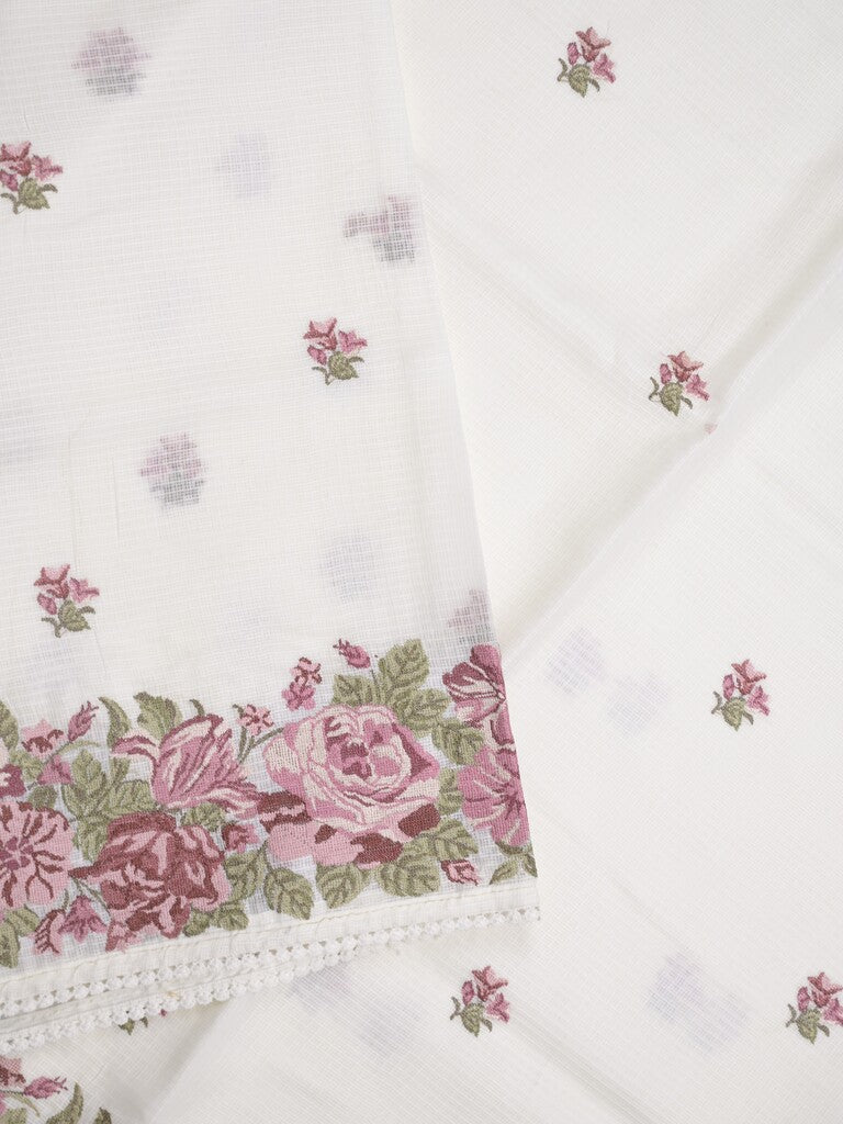 Kota fancy saree white color allover embroidery motifs & fancy embroidery border with running pallu and plain blouse
