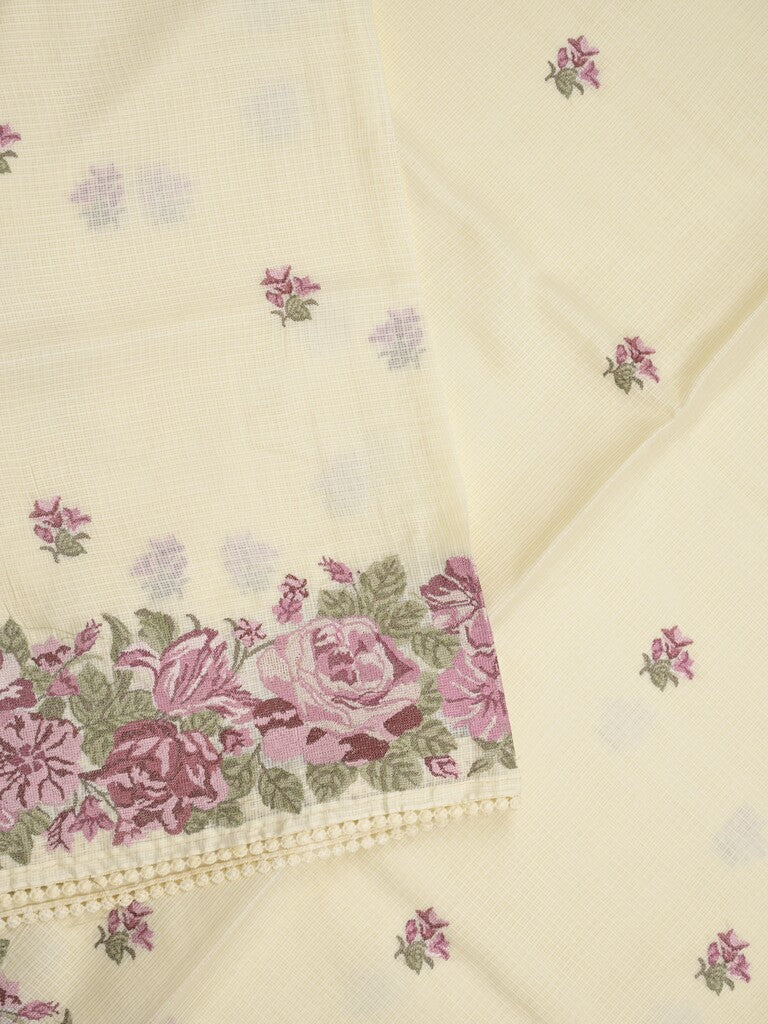 Kota fancy saree pastel yellow color allover embroidery motifs & fancy embroidery border with running pallu and plain blouse