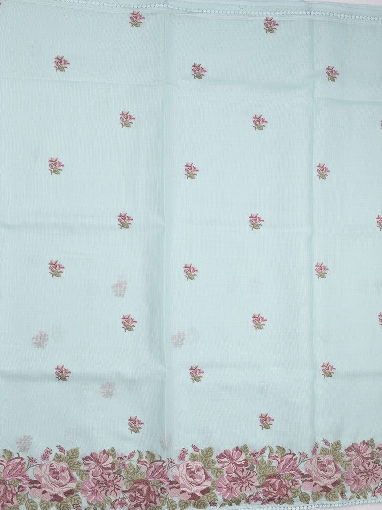 Kota fancy saree pastel blue color allover embroidery motifs & fancy embroidery border with running pallu and plain blouse