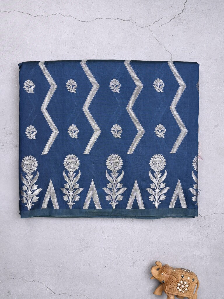 Dupion fancy saree royal blue color allover zari weaves & zari border with zari pallu and contrast blouse