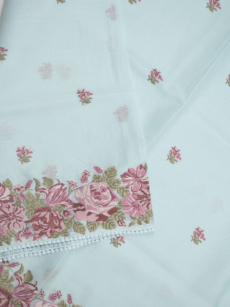 Kota fancy saree pastel blue color allover embroidery motifs & fancy embroidery border with running pallu and plain blouse