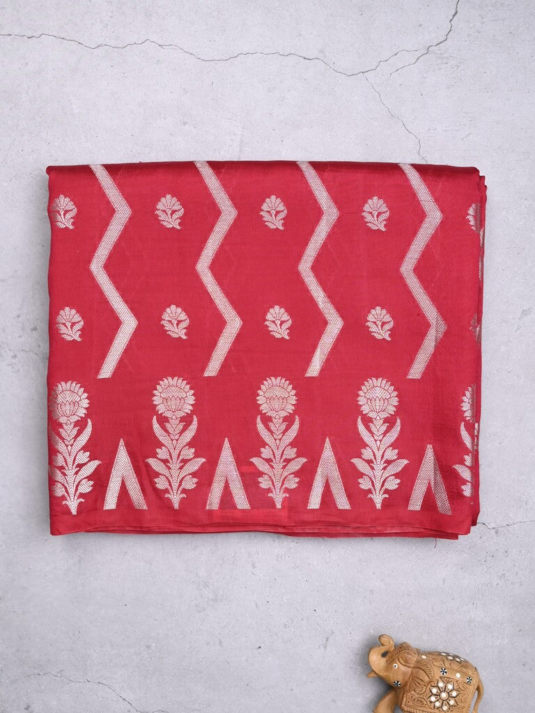 Dupion fancy saree cherry red color allover zari weaves & zari border with zari pallu and contrast blouse