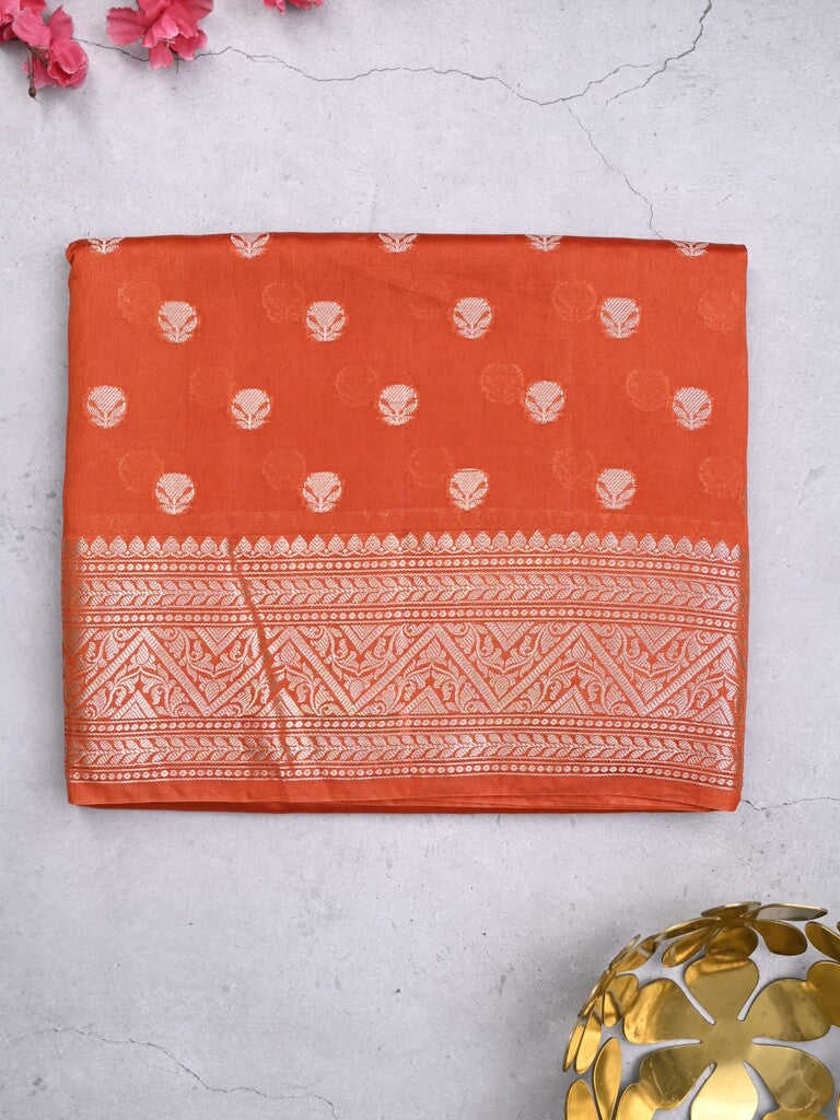 Dupion fancy saree orange color allover zari butis & zari border with zari pallu and contrast blouse