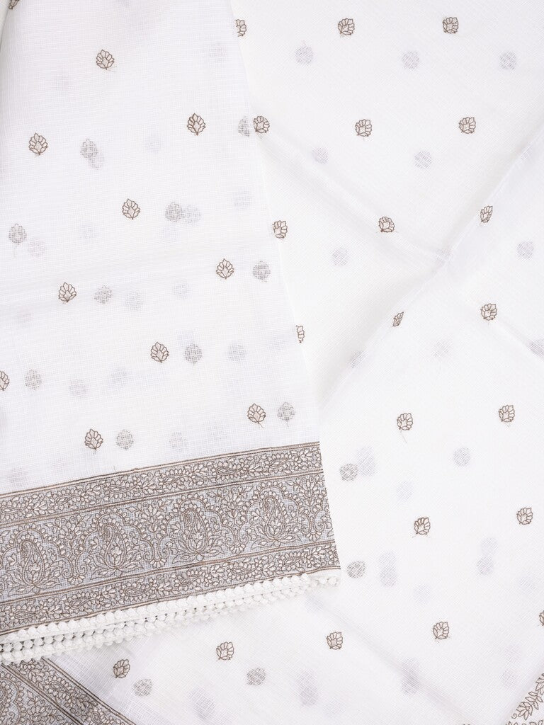 Kota fancy saree white color allover embroidery & fancy border with running pallu and attached self blouse