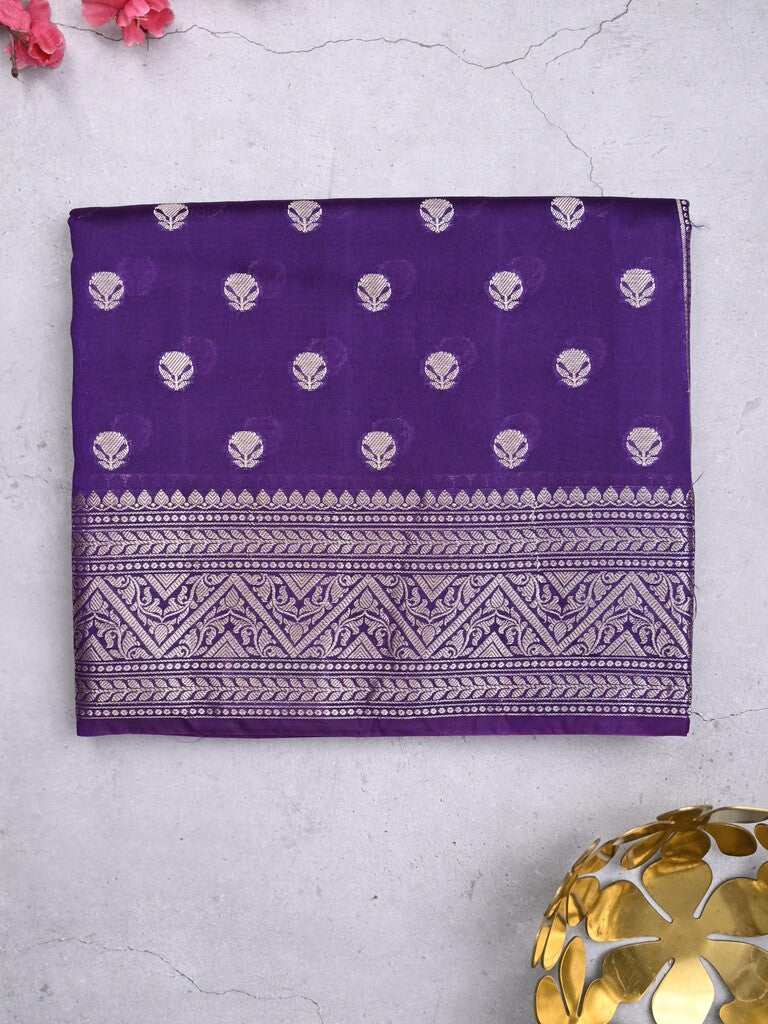 Dupion fancy saree dark blue color allover zari butis & zari border with zari pallu and contrast blouse