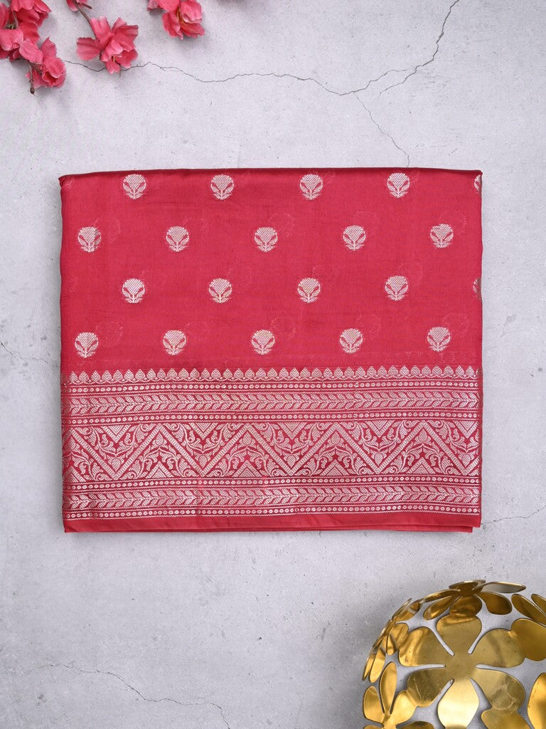 Dupion fancy saree cherry red color allover zari butis & zari border with zari pallu and contrast blouse