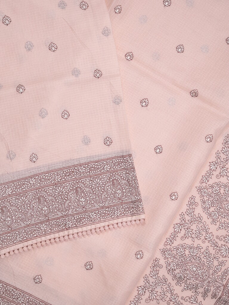 Kota fancy saree baby pink color allover embroidery & fancy border with running pallu and attached self blouse