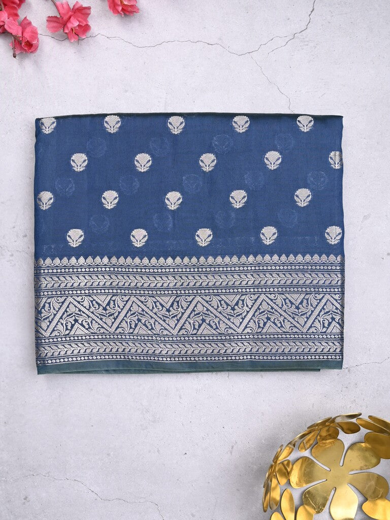 Dupion fancy saree navy blue color allover zari butis & zari border with zari pallu and contrast blouse