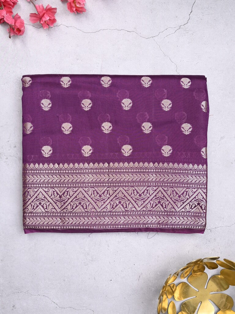 Dupion fancy saree violet color allover zari butis & zari border with zari pallu and contrast blouse