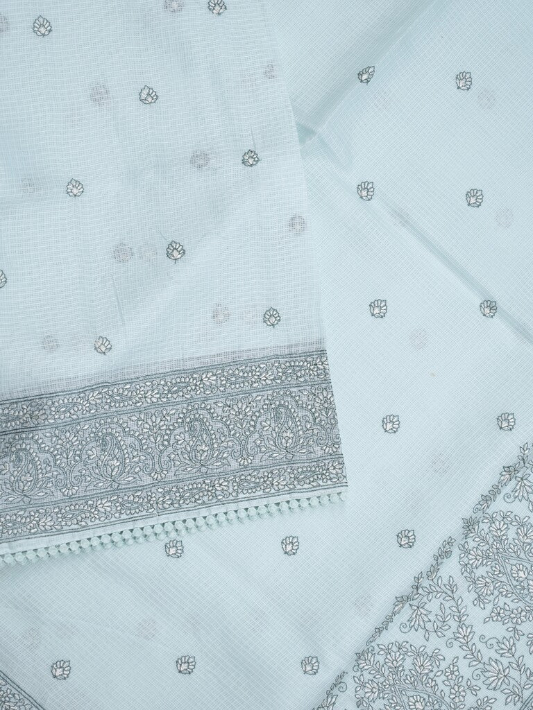 Kota fancy saree light blue color allover embroidery & fancy border with running pallu and attached self blouse