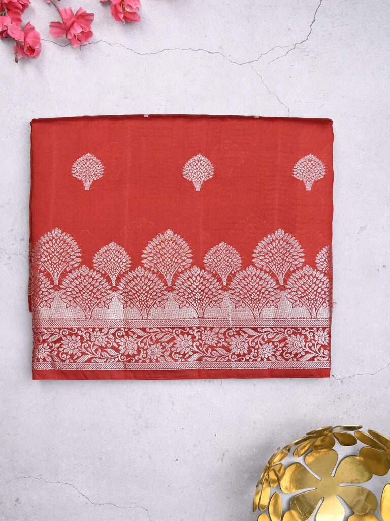 Dupion fancy saree red color allover zari butis & zari border with zari pallu and contrast blouse