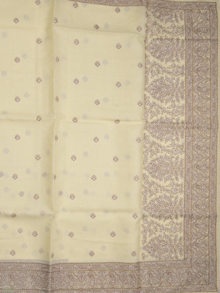 Kota fancy saree pastel yellow color allover embroidery & fancy border with running pallu and attached self blouse