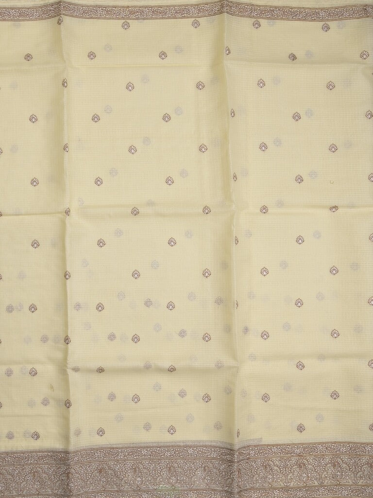 Kota fancy saree pastel yellow color allover embroidery & fancy border with running pallu and attached self blouse