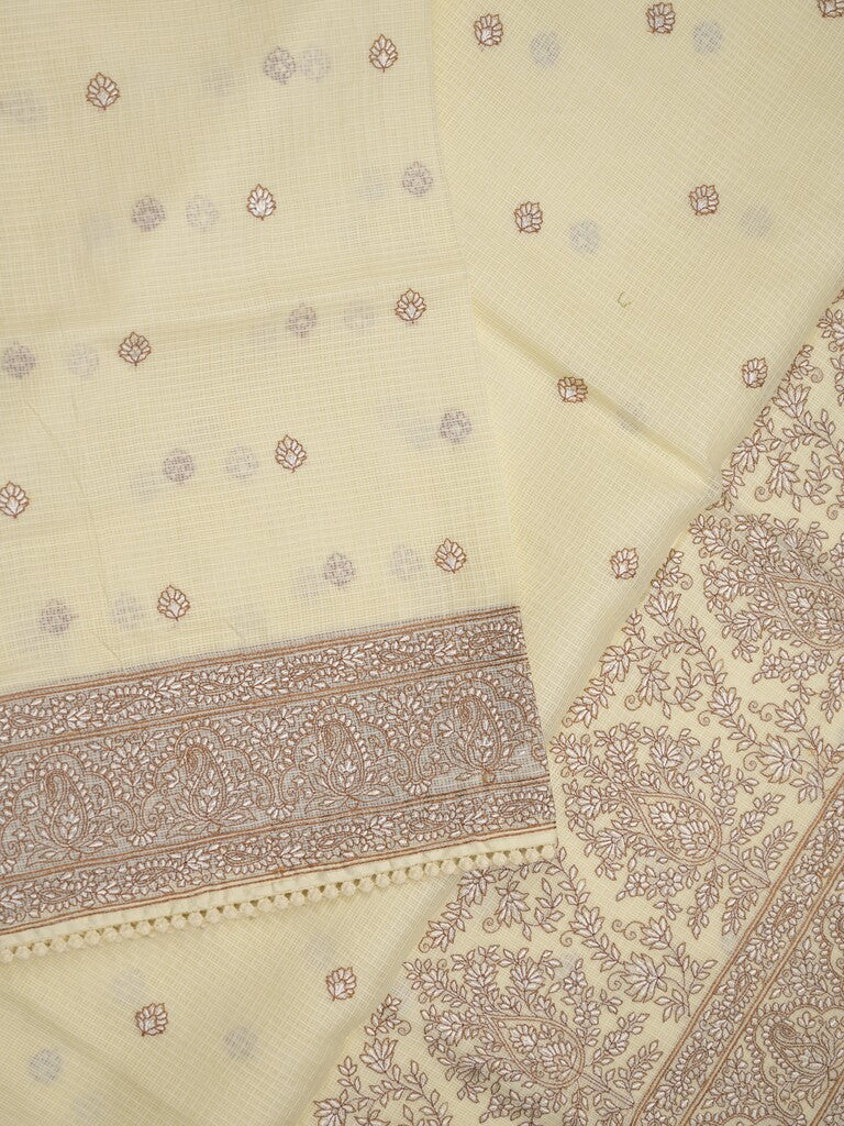Kota fancy saree pastel yellow color allover embroidery & fancy border with running pallu and attached self blouse