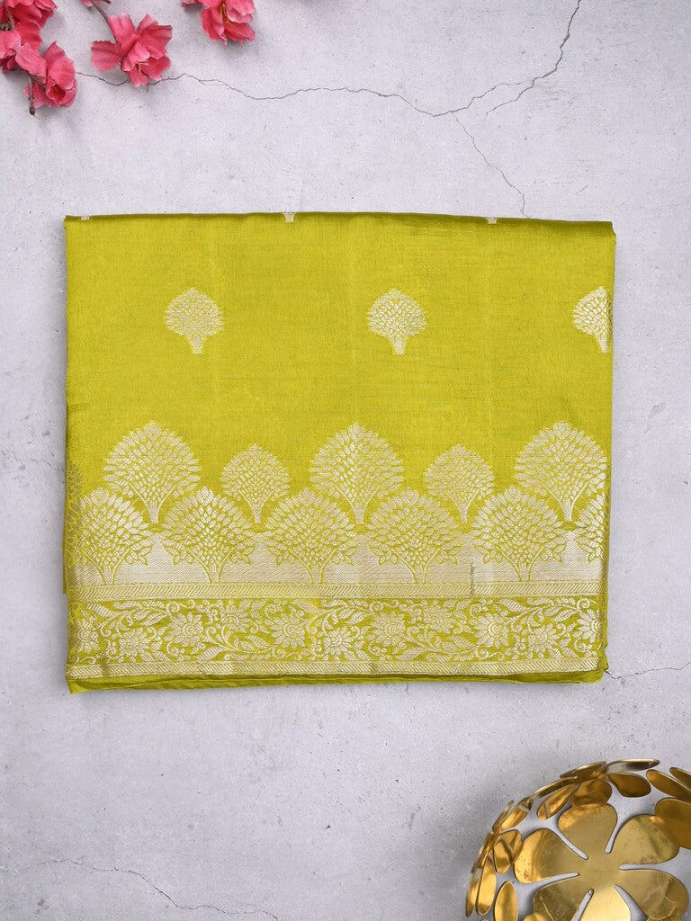 Dupion fancy saree parrot green color allover zari butis & zari border with zari pallu and contrast blouse