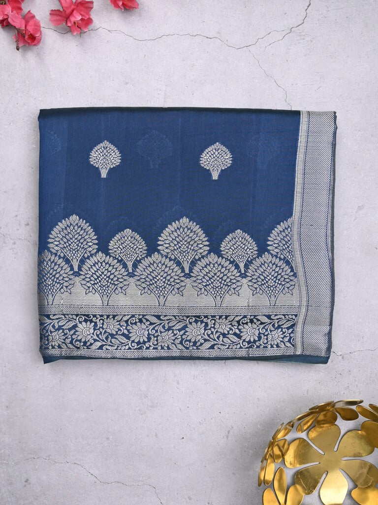 Dupion fancy saree navy blue color allover zari butis & zari border with zari pallu and contrast blouse