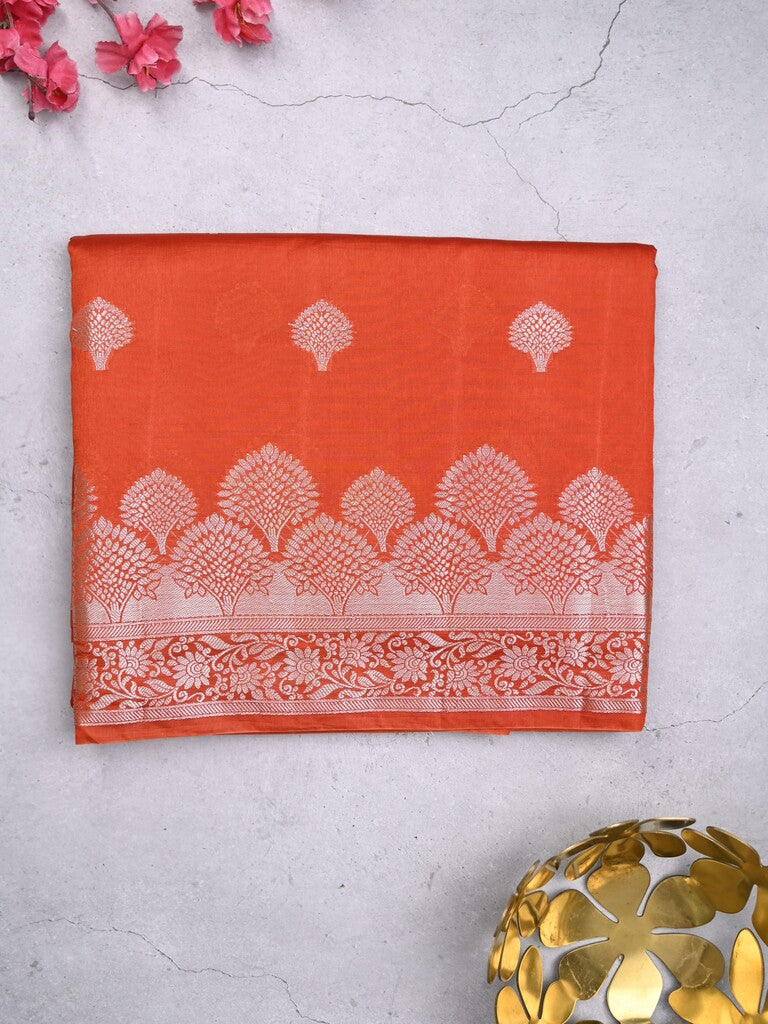 Dupion fancy saree orange color allover zari butis & zari border with zari pallu and contrast blouse