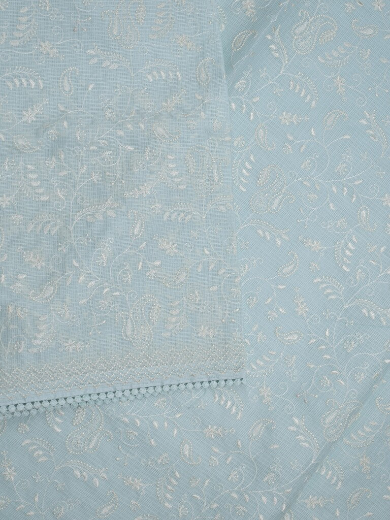 Kota fancy saree pastel blue color allover embroidery & fancy border with running pallu and attached plain blouse