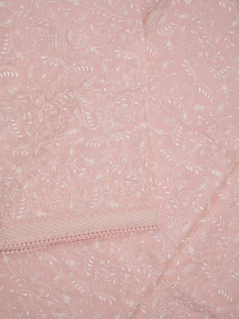 Kota fancy saree baby pink color allover embroidery & fancy border with running pallu and attached plain blouse
