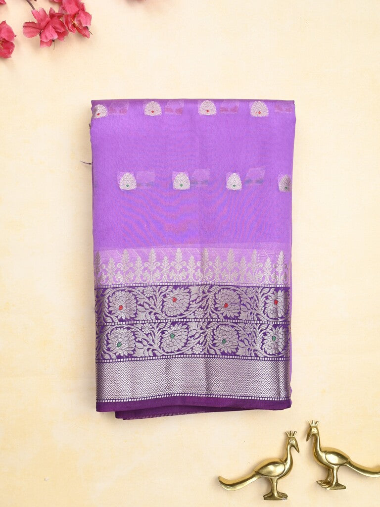 Green mango fancy saree lavender color allover zari motifs & zari border with contrast pallu and contrast blouse