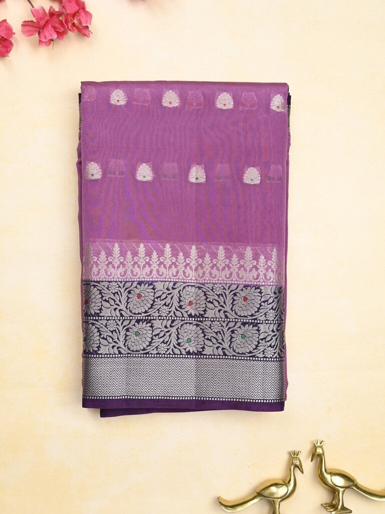 Green mango fancy saree dark purple color allover zari motifs & zari border with contrast pallu and contrast blouse