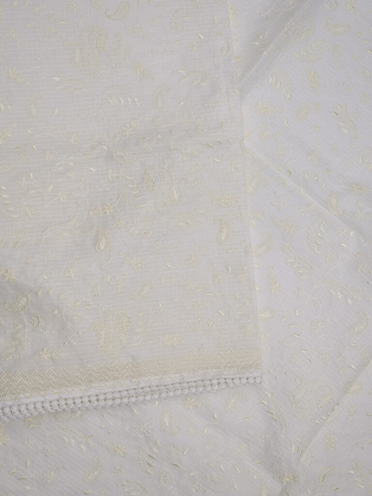 Kota fancy saree white color allover embroidery & fancy border with running pallu and attached plain blouse