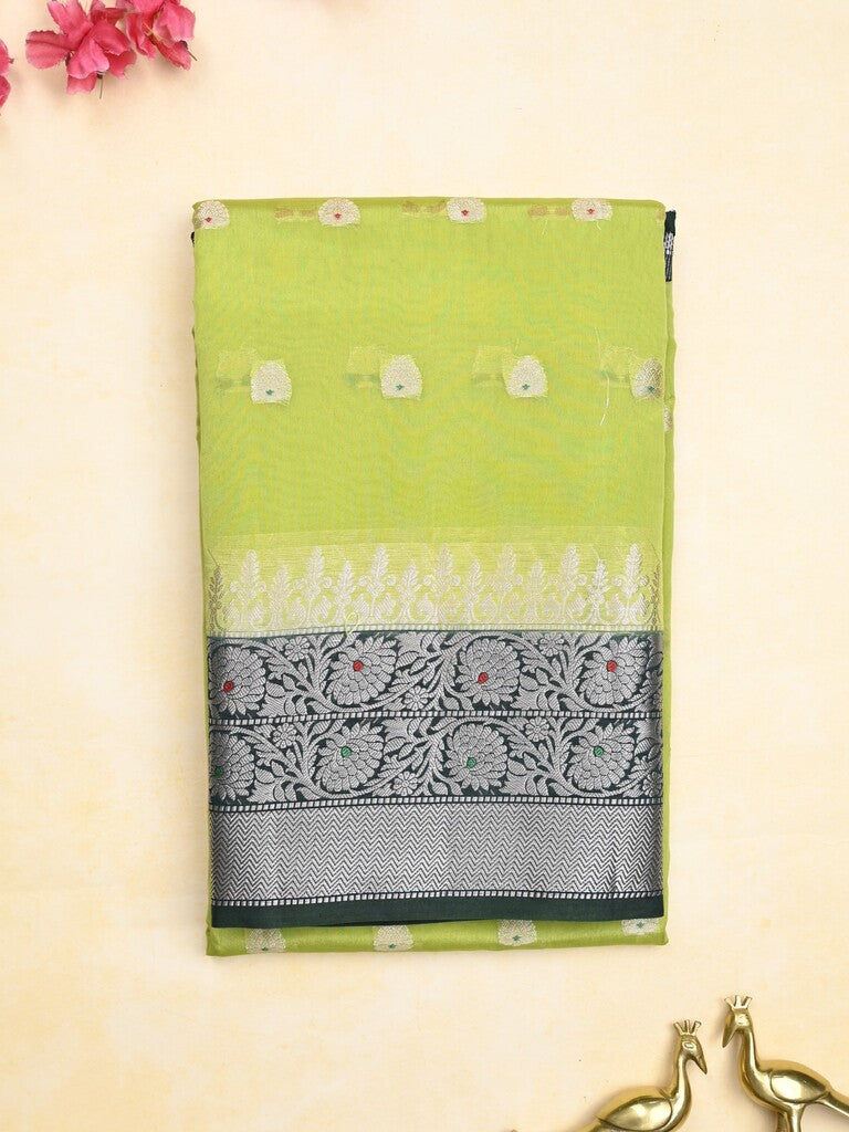 Green mango fancy saree parrot green color allover zari motifs & zari border with contrast pallu and contrast blouse