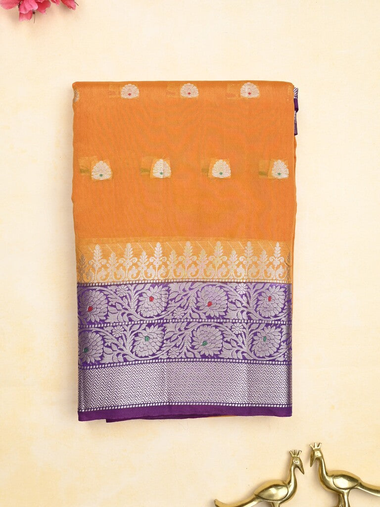 Green mango fancy saree orange color allover zari motifs & zari border with contrast pallu and contrast blouse