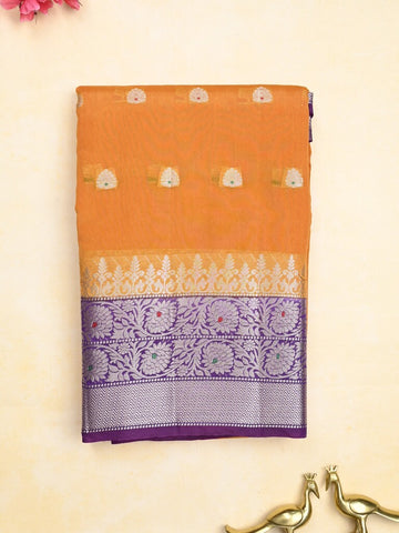 Green mango fancy saree orange color allover zari motifs & zari border with contrast pallu and contrast blouse