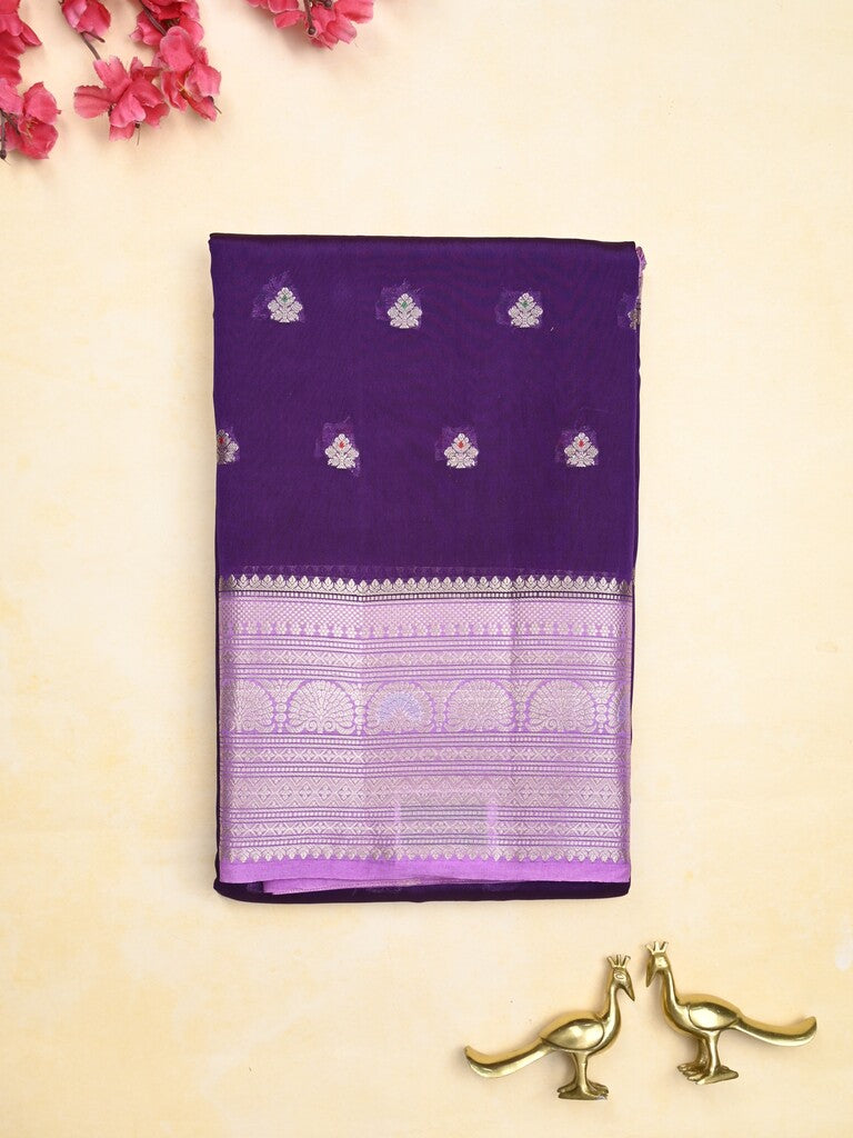 Green mango fancy saree dark blue color allover zari motifs & zari border with contrast pallu and contrast blouse