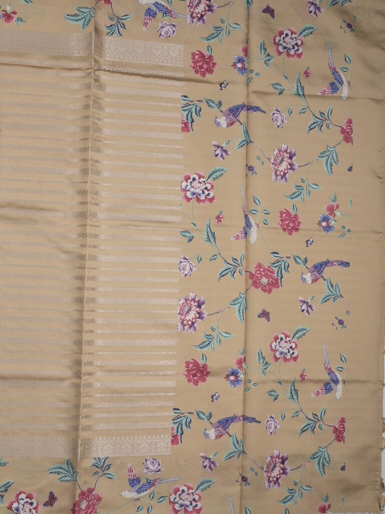 Dupion fancy saree beige color allover stripes & printed border with printed pallu and printed blouse