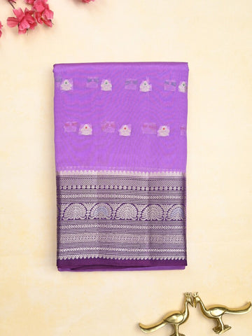 Green mango fancy saree lavender color allover zari motifs & zari border with contrast pallu and contrast blouse