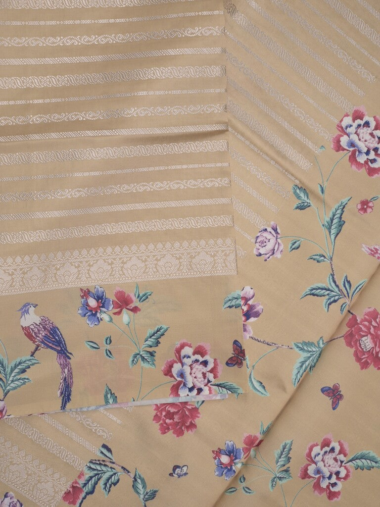 Dupion fancy saree beige color allover stripes & printed border with printed pallu and printed blouse