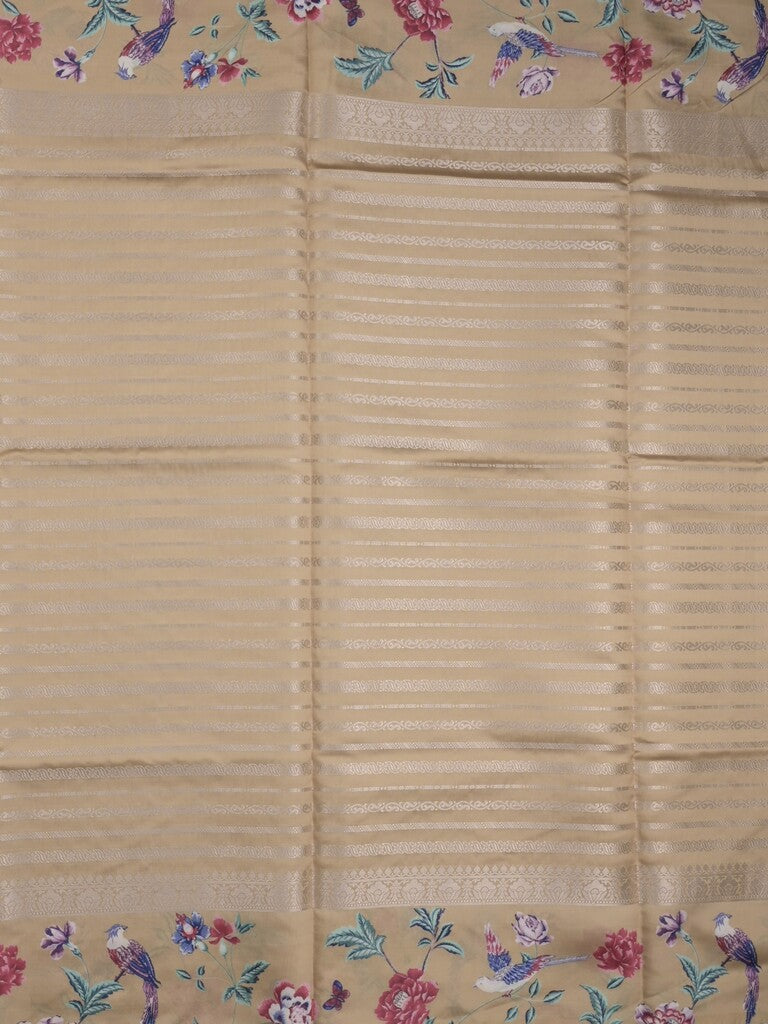 Dupion fancy saree beige color allover stripes & printed border with printed pallu and printed blouse