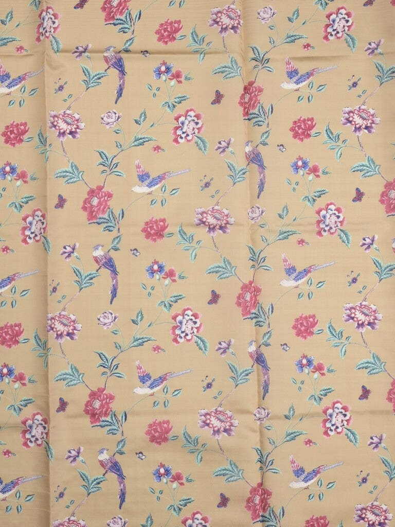 Dupion fancy saree beige color allover stripes & printed border with printed pallu and printed blouse