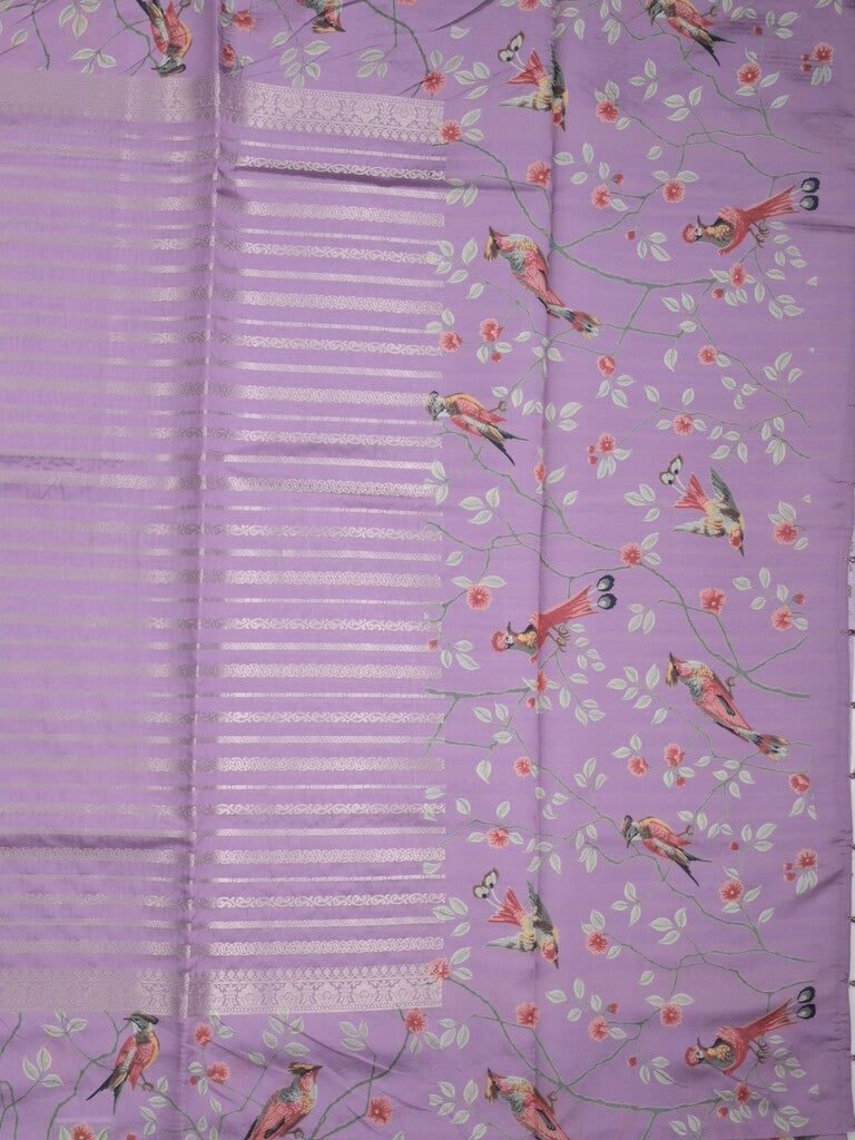 Dupion fancy saree purple color allover stripes & printed border with printed pallu and printed blouse