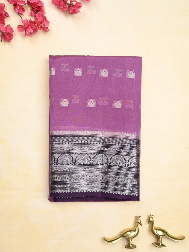Green mango fancy saree dark purple color allover zari motifs & zari border with contrast pallu and contrast blouse