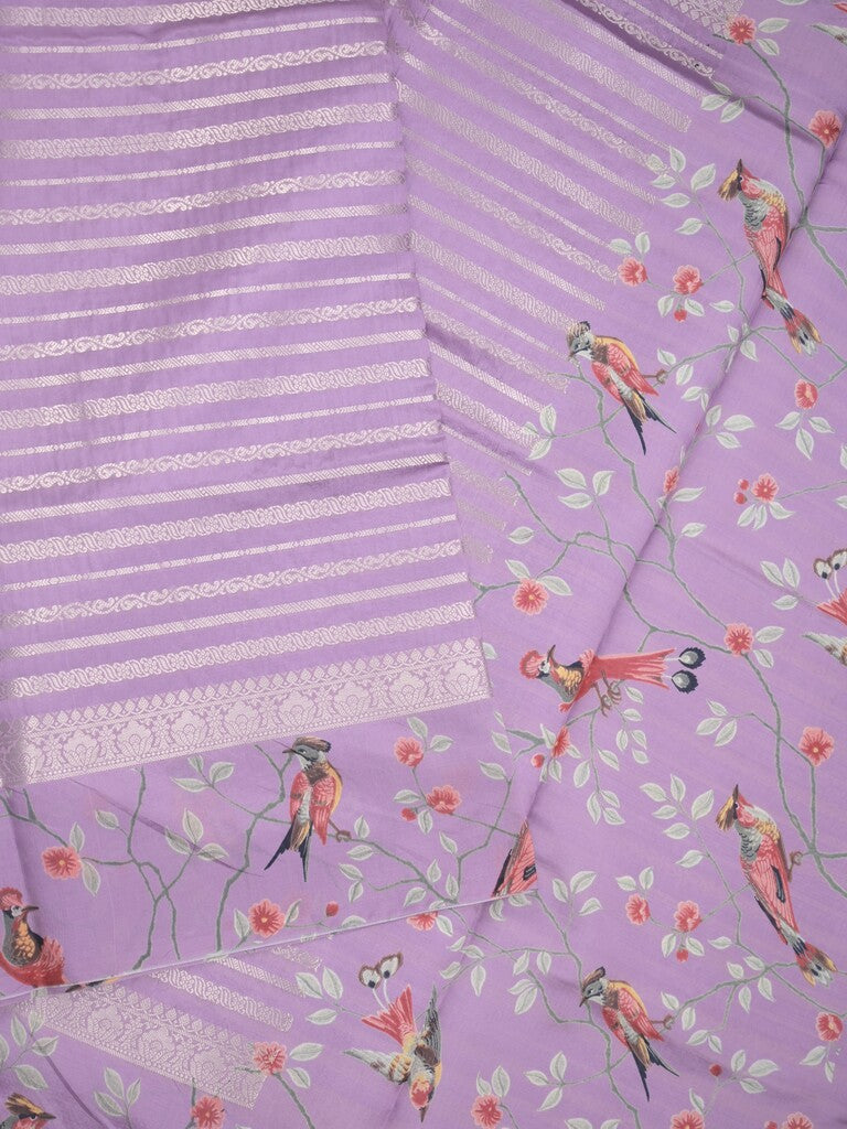 Dupion fancy saree purple color allover stripes & printed border with printed pallu and printed blouse