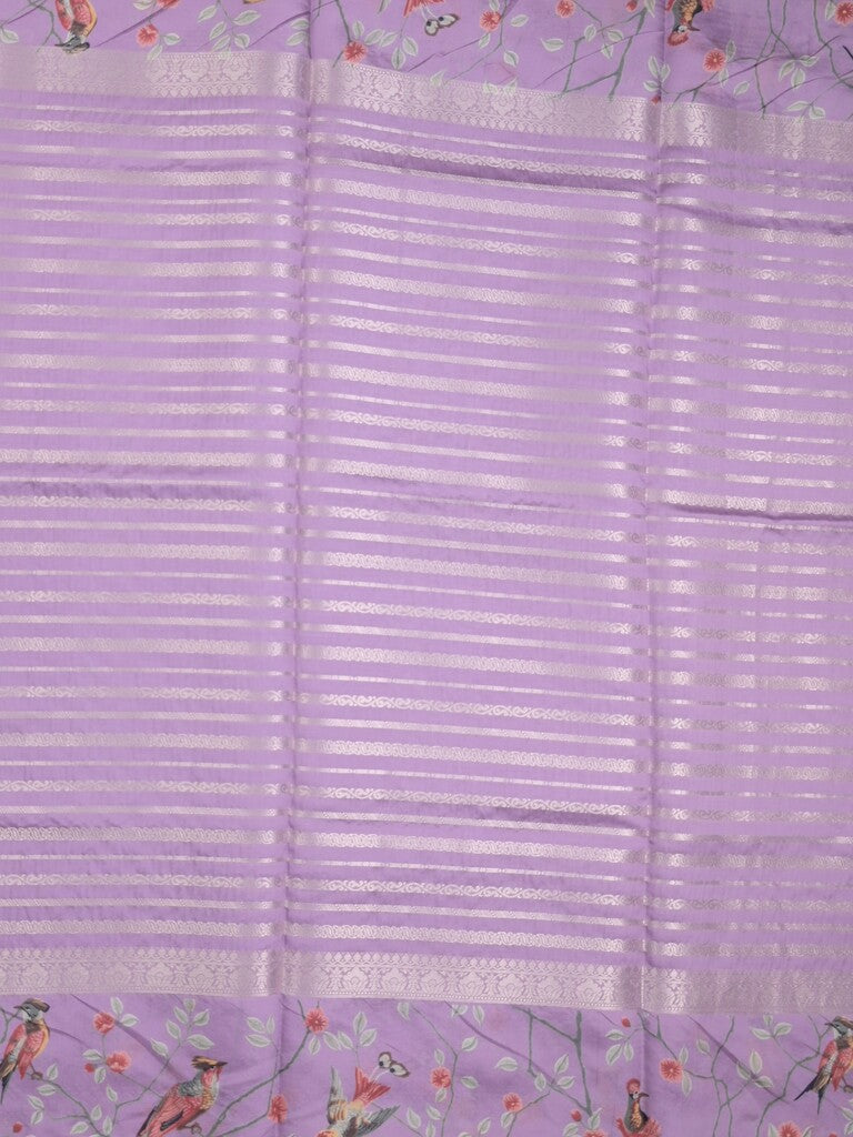 Dupion fancy saree purple color allover stripes & printed border with printed pallu and printed blouse