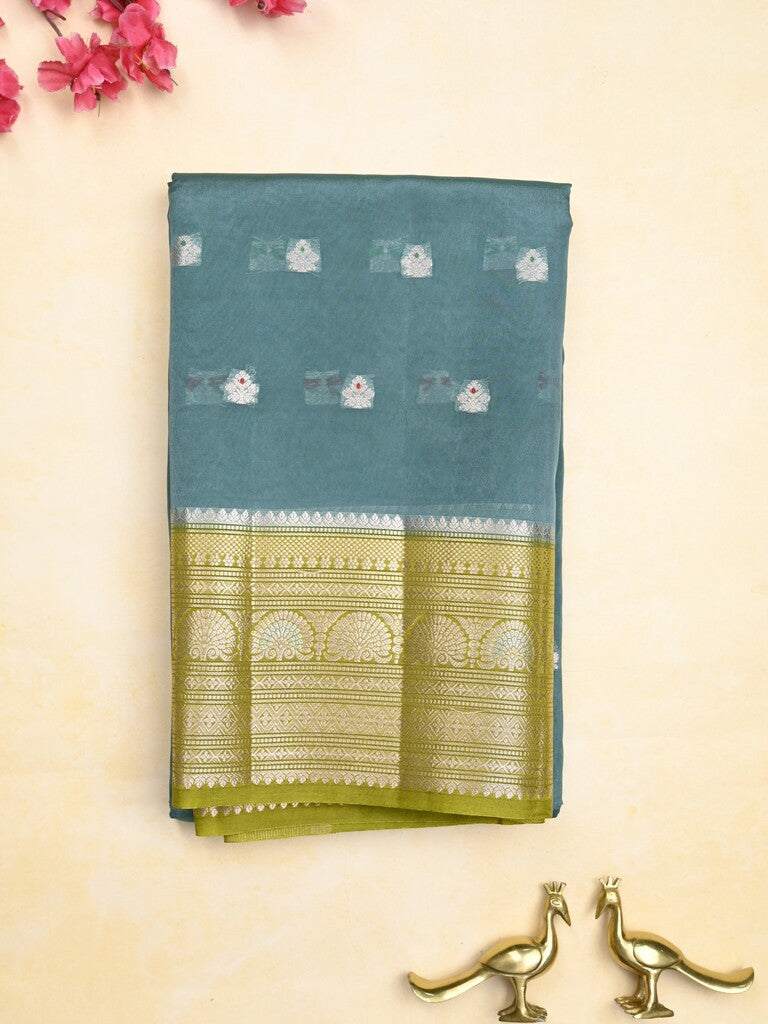 Green mango fancy saree peacock blue color allover zari motifs & zari border with contrast pallu and contrast blouse