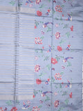 Dupion fancy saree light blue color allover stripes & printed border with printed pallu and printed blouse