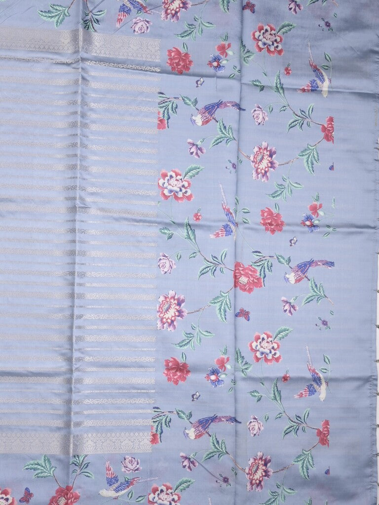 Dupion fancy saree light blue color allover stripes & printed border with printed pallu and printed blouse