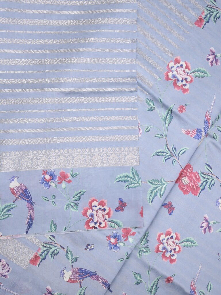 Dupion fancy saree light blue color allover stripes & printed border with printed pallu and printed blouse