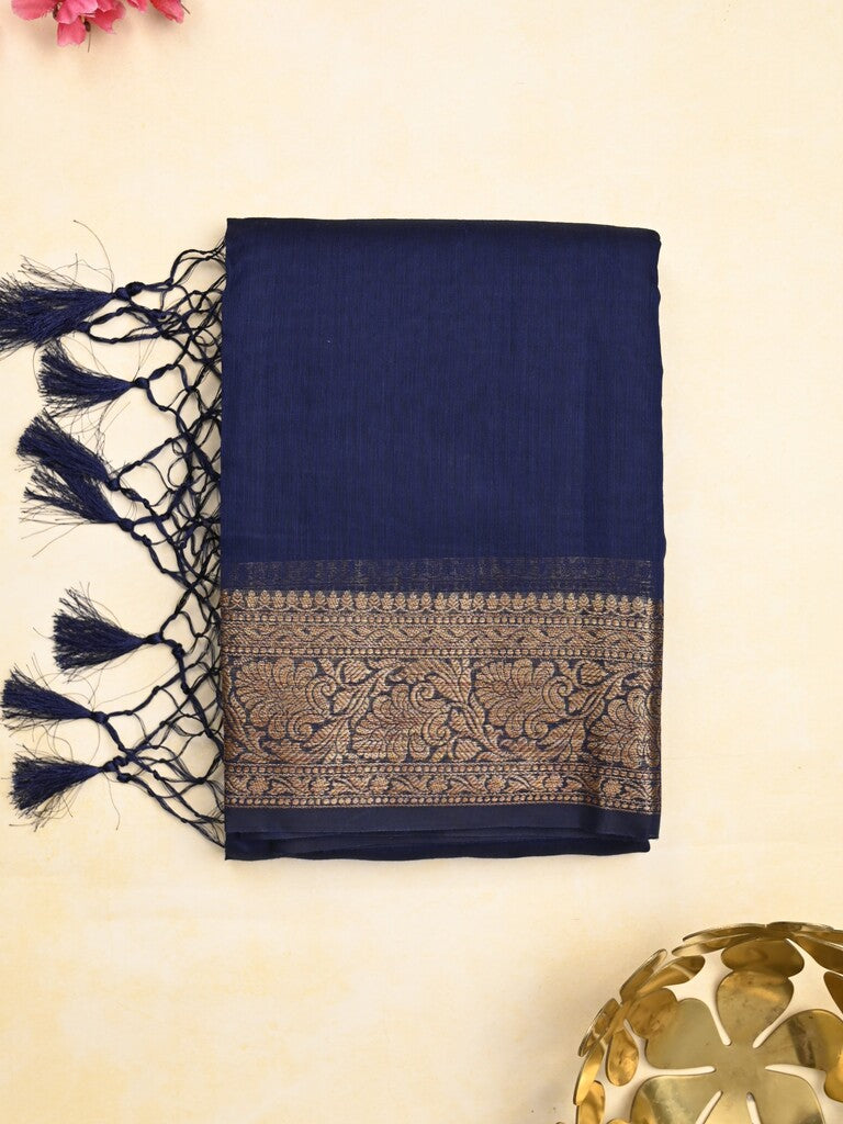 Chanderi fancy saree navy blue color allover plain & zari border with zari pallu and running blouse