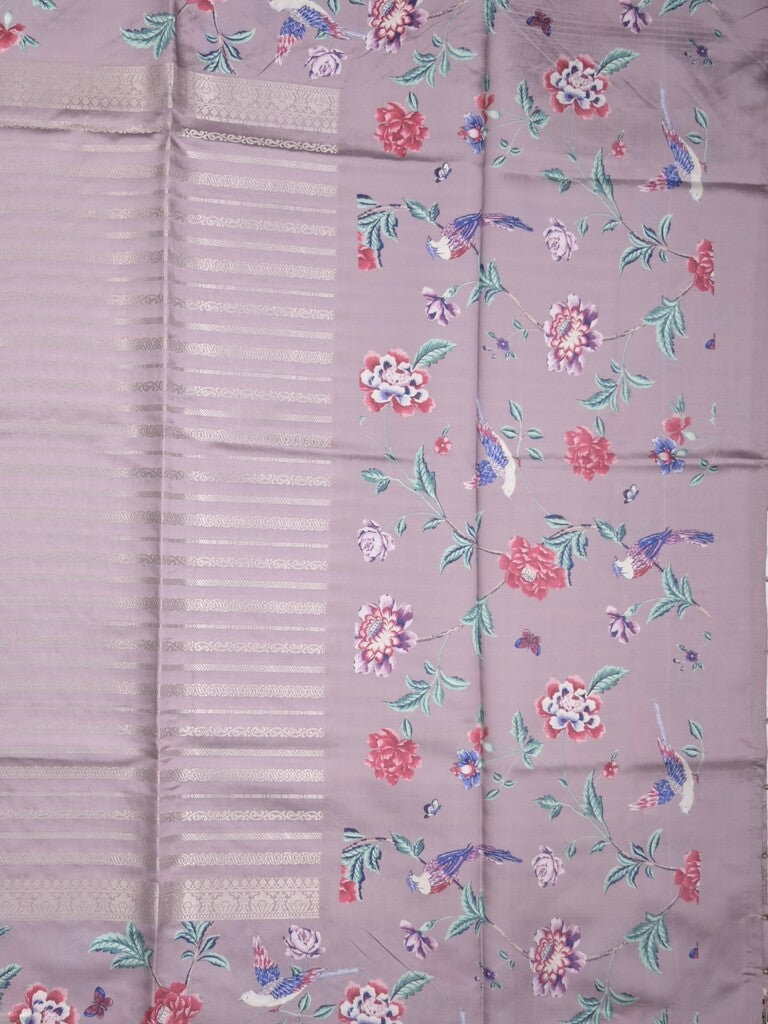 Dupion fancy saree light purple color allover stripes & printed border with printed pallu and printed blouse