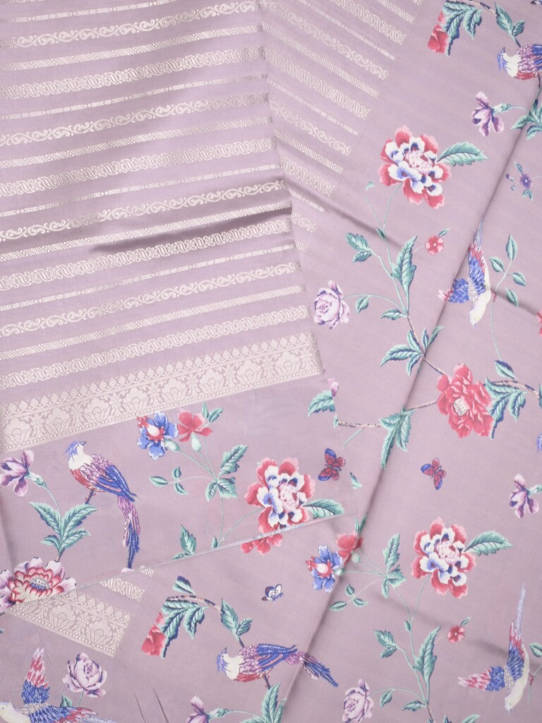 Dupion fancy saree light purple color allover stripes & printed border with printed pallu and printed blouse